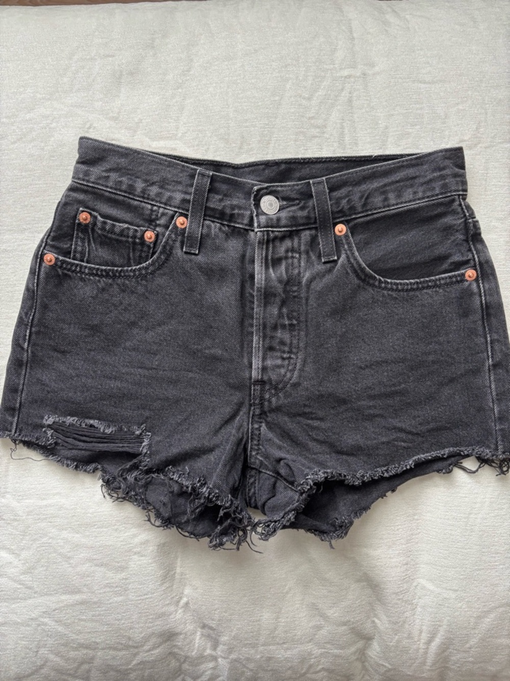 Levi’s 501 Black Distressed High Waisted Denim Shorts